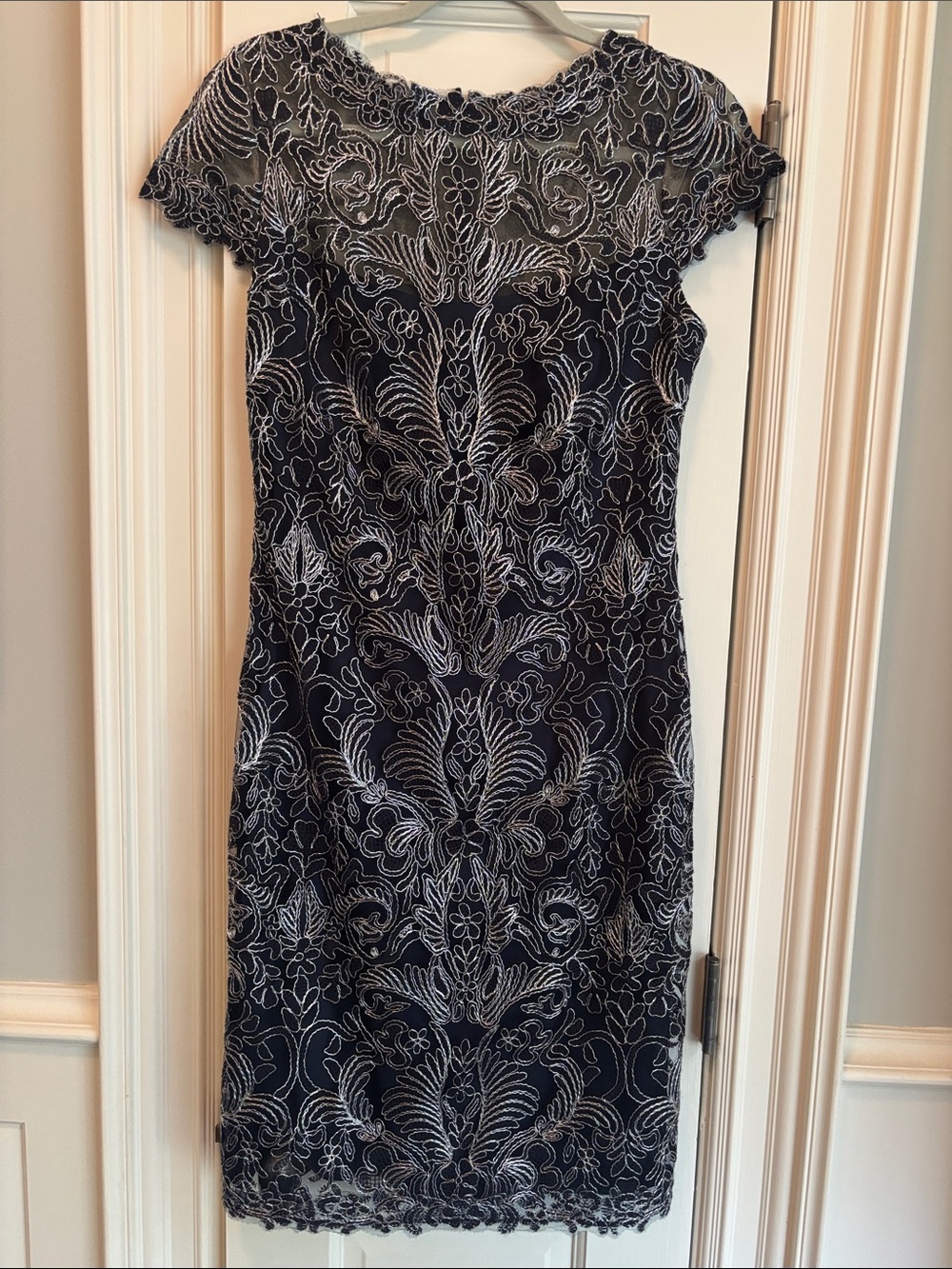 Navy Lace Sheath Dress with Silver Embroidery